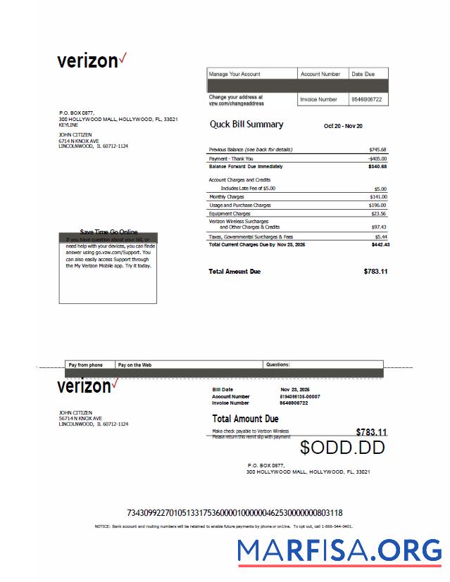 Printable USA Verizon utility bill template in Word and PDF formats, version 2